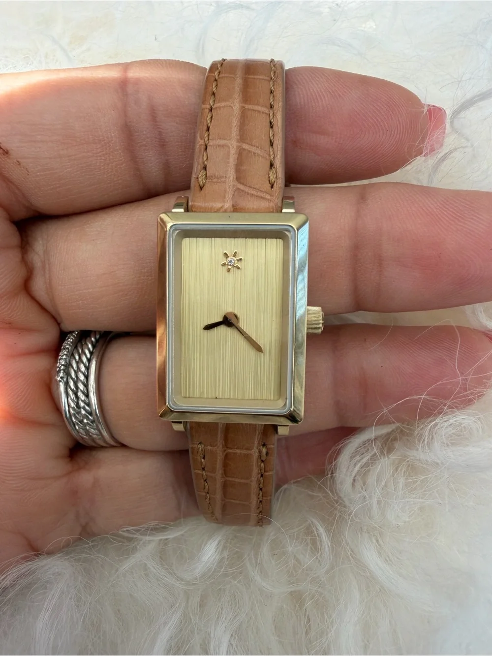 Gold-Tone Rectangular Women's Watch with Tan Leather Strap